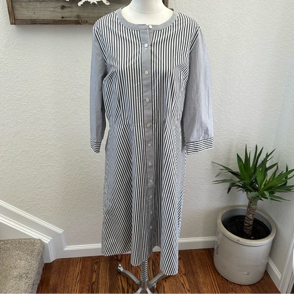 Talbots striped midi dress 100% cotton button‎ down front size 14 Petite - Picture 1 of 8